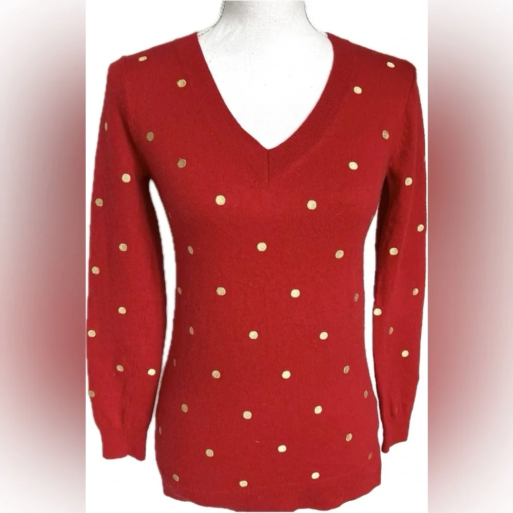 J. Crew Pullover Sweater Metallic Polka Dots Contrasting Color Red Wool Blend L